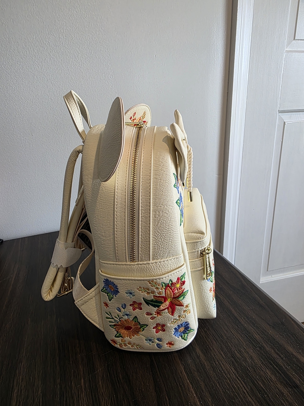 Loungefly Disney Cream Floral Embroidered Mini Backpack with Bow Ears - Picture 3 of 12